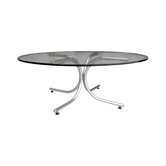 European Modernist Chrome and Glass Circular Coffee Table with Tubular Base, c. 1970s