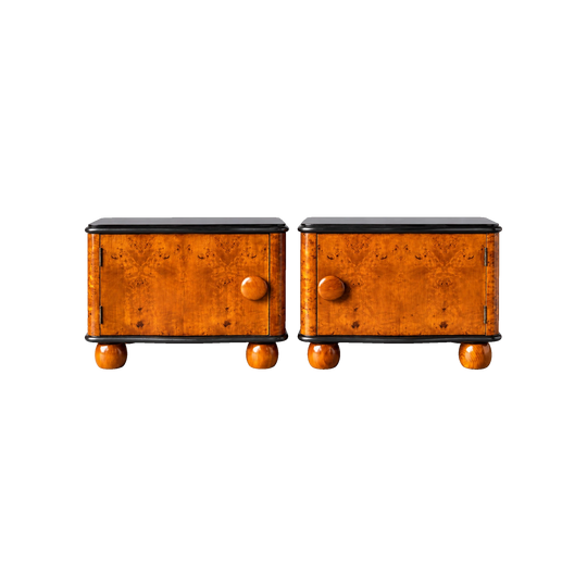 Pair of Vintage Burl Bedside Tables, Walnut Colour, Black Glass Tops