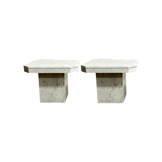 Pair of Postmodern Marble Pedestal Side Tables with Chamfered Square Tops