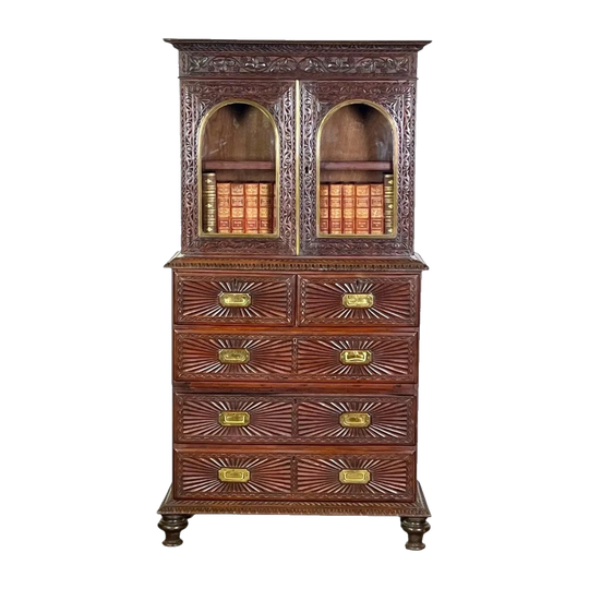 Antique Anglo-Indian Victorian Campaign Chest of Drawers with Bookcase / Display Cabinet, 19th Century