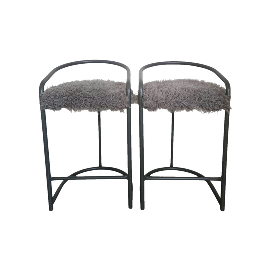 Pair of Upcycled Curve Bar Stools in Satin Dark Grey with Mongolian Faux Fur Seats