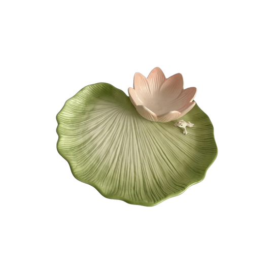 Fitz & Floyd Mid-Century Ceramic Frog and Lotus Chip-and-Dip Platter, Japan