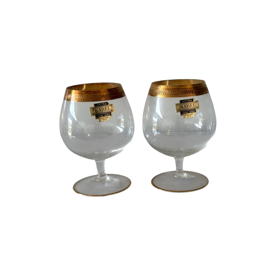 Pair of Astra Karel Czech Handmade Gold-Embossed Brandy Glasses