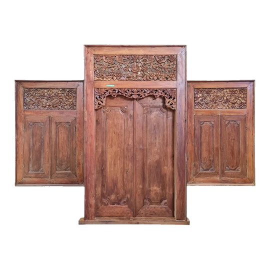 Balinese Vintage Teak Door With 2 Windows 3 Piece Set - AA12