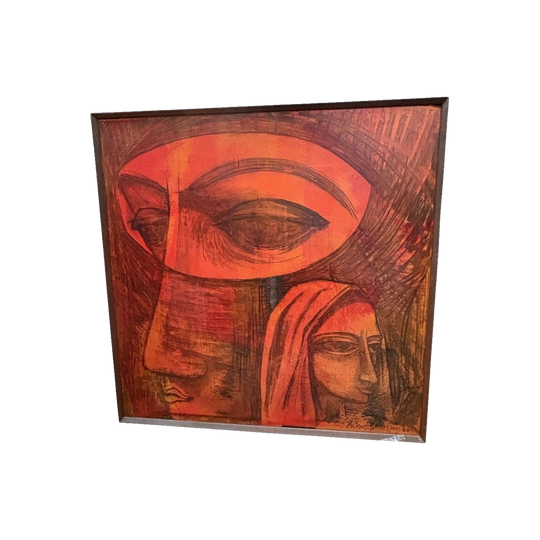 1966 Abstract Figurative Painting, Mixed Media on Board, Terracotta and Umber, Signed, Original Frame