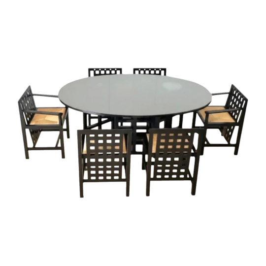Black Oak Rennie Macintosh by Cassina Drop Leaf Dining Table and 6 Rush Seat Chairs