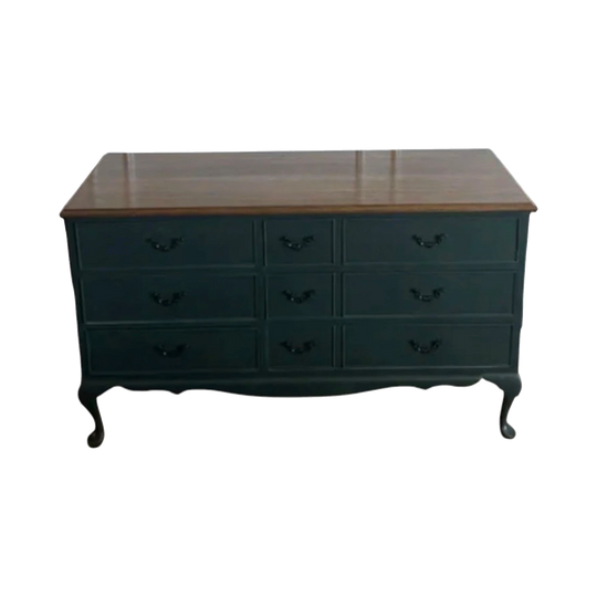 Queen Anne Solid Wood Dresser in Green – 6 Drawers, Including 3 Double Drawers
