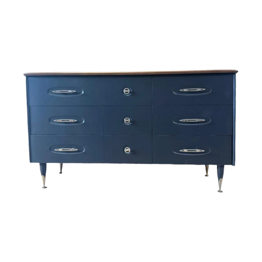 Burgess Furniture Australian Mid-Century Solid Wood 6-Drawer Dresser with Atomic Legs, Professionally Refinished