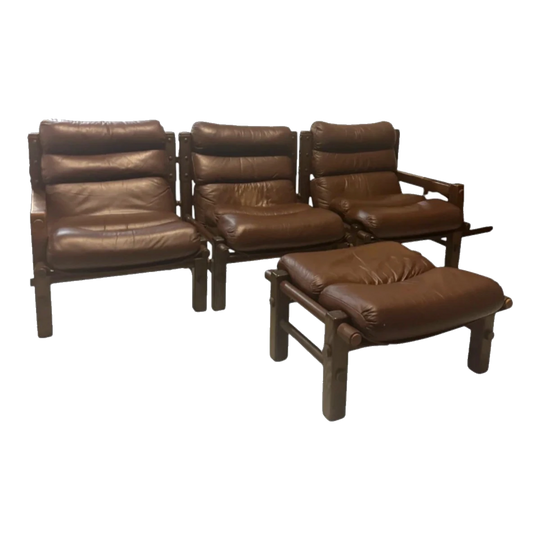 Norman Archibald for Nore Furniture Three-Seater Leather Lounge with Ottoman, Brown Howe Leather, Solid Eucalyptus, 1970s–1980s