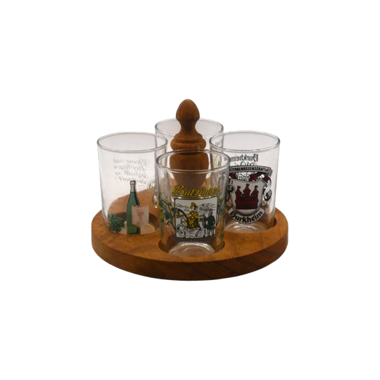 Vintage set of German Wine Tasting Glasses on wooden tray.