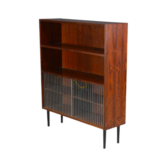 Danish Mid-Century Rosewood Shelving with Patterned Glass Sliding Doors