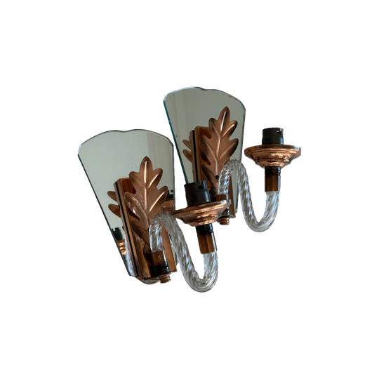 Pair of French Single Branch Copper and Mirror Sconce with Murano Arms