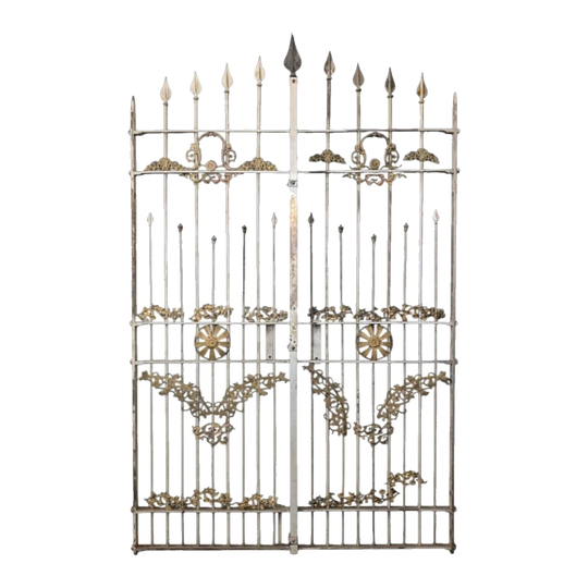 Vintage Ornate Entry Gates in Silvered Steel with Cast Brass Ornament, Spear Finials and Foliate Reliefs