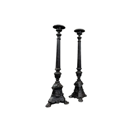 Vintage Blackened Cast Metal Candle Holders, Fluted Columnar Stems, 108 cm H