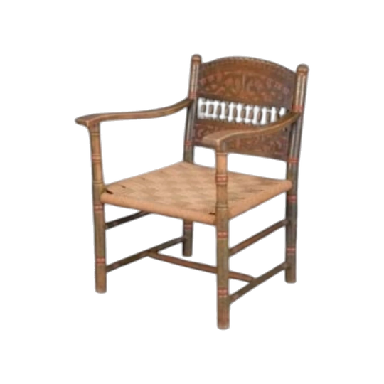 19th-Century (c 1830s) Norwegian Folk Art Karmstol Armchair with Polychrome Ring-Painted Turnings