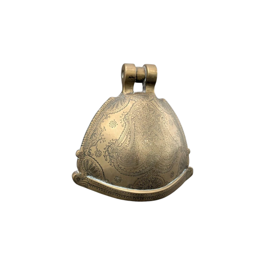 Vintage Indo-Persian Cast Brass Livestock Bell with Wooden Clapper, Hand-Chased, Late 19th–Early 20th Century