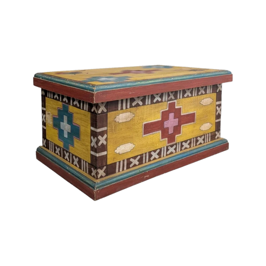 Vintage Santa Fe Hand-Painted Timber Chest with Geometric Panels and Roadrunner Motif