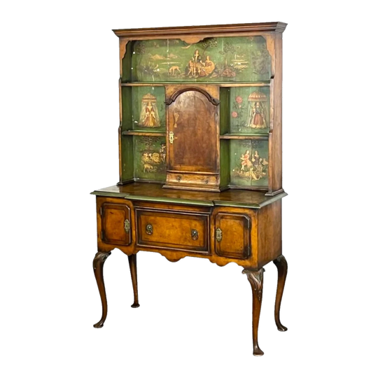 Antique French Walnut Dresser with Painted Medieval Backboards, Late 19th–Early 20th Century, 18th‑Century Manner