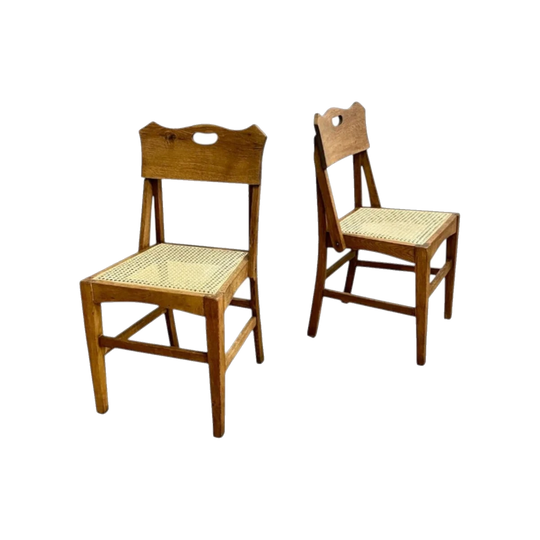 Pair of European Oak and Cane Dining Chairs with Cut-Out Handle Top Rail