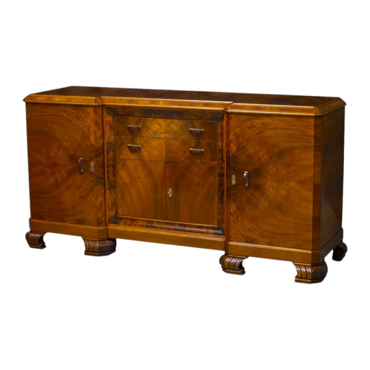 American Art Deco Buffet with Book-Matched Veneer and Maroon Bakelite Handles, c. 1930s
