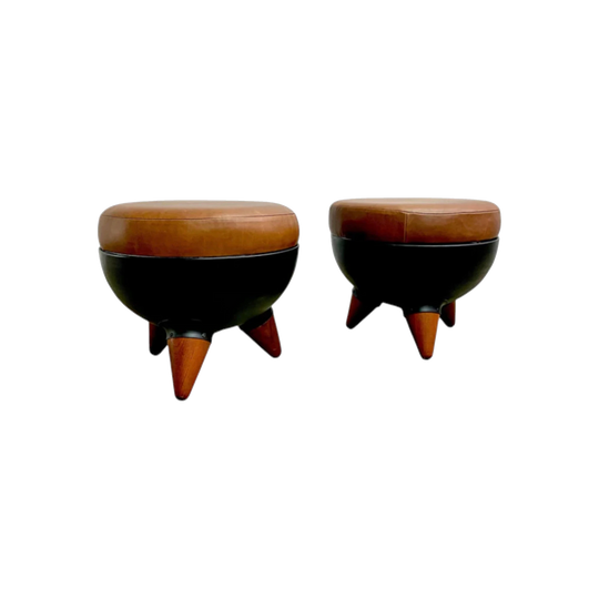 Space Age Style 'Sputnik' Ottomans/Footstools, Pair – Reupholstered Italian Leather, Teak Legs, Black Spun Metal