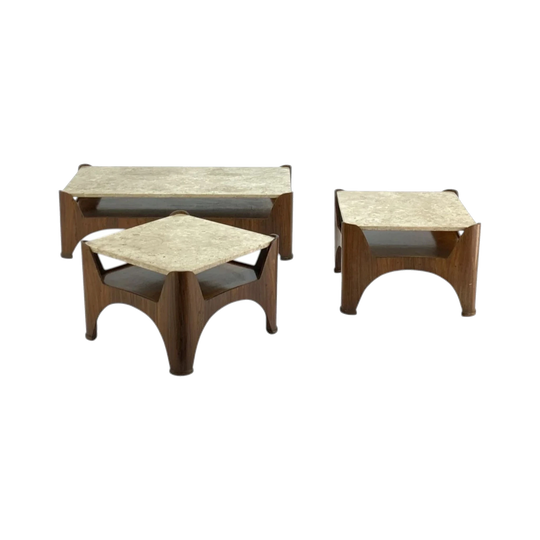 Novo Rumo Brazilian Rosewood and Marble Coffee Table and Pair of Side Tables (sold separately) Brazil. Eternity Collections