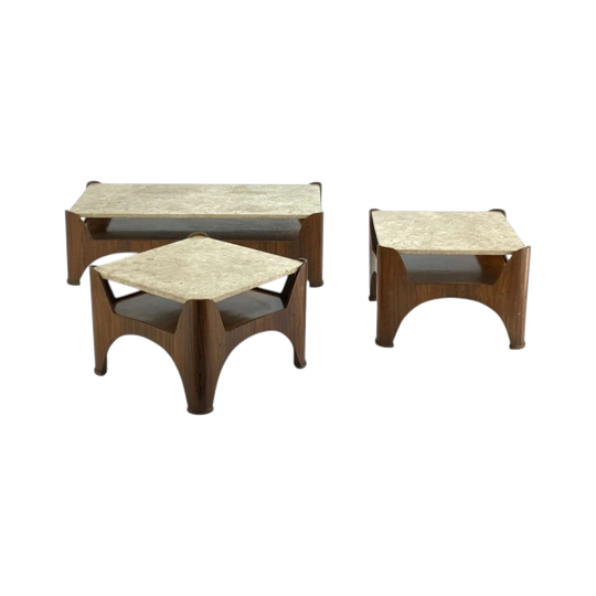 Novo Rumo Brazilian Rosewood and Marble Coffee Table and Pair of Side Tables (sold separately) Brazil. Eternity Collections