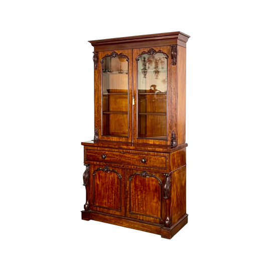 English Mid‑Victorian Tiger‑Stripe Honduran Mahogany Glazed Secretaire Bookcase, c. 1850–1855