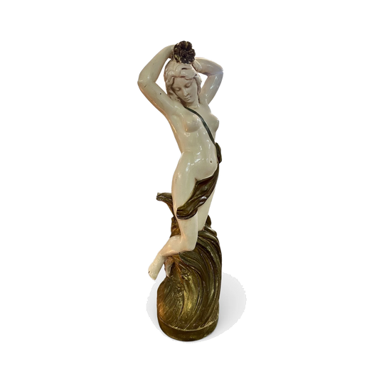Vintage Neoclassical Plaster Cast Nude Female Figure Statue with Hand-Painted Gold Accents