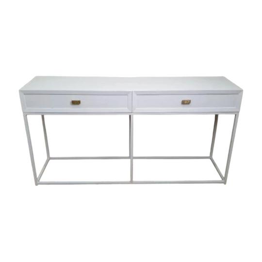 White Hampton Two-Drawer Console Table with White Metal Frame and Brass-Toned Handles, 160 cm
