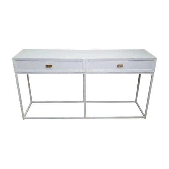White Hampton Two-Drawer Console Table with White Metal Frame and Brass-Toned Handles, 160 cm