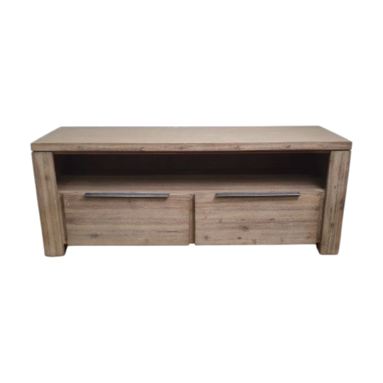 Weathered Timber TV Entertainment Unit, 140 cm, Two Drawers and Open Shelf