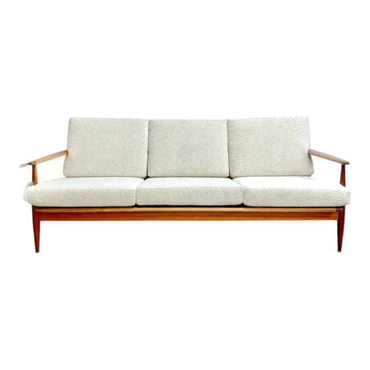 Parker Model 110 Wrap-Around Three-Seater Sofa, Rattan Back – Restored, White Bouclé Upholstery, Mid-Century