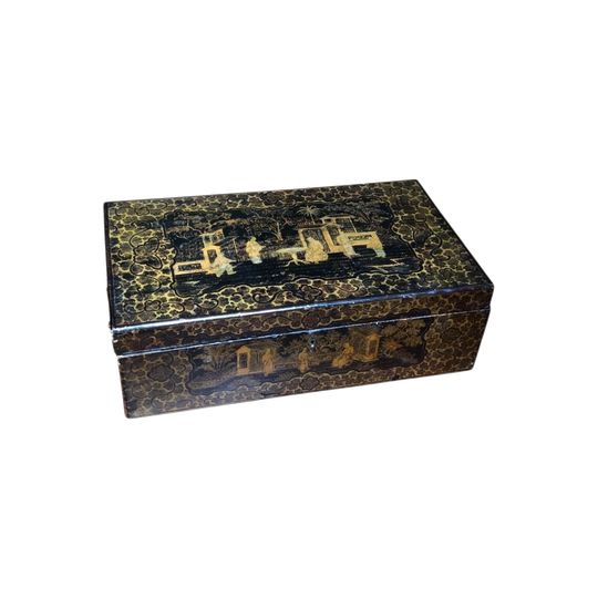 Chinese Export lacquer writing slope, gilt scenes, c.1850