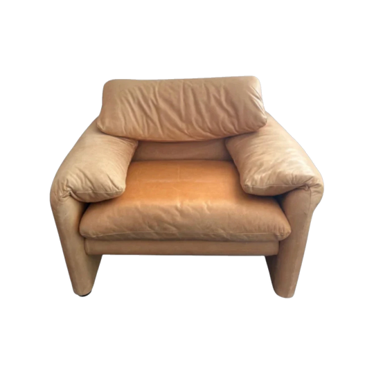 Maralunga Lounge Chair by Vico Magistretti for Cassina, Tan Leather, 1973 Design