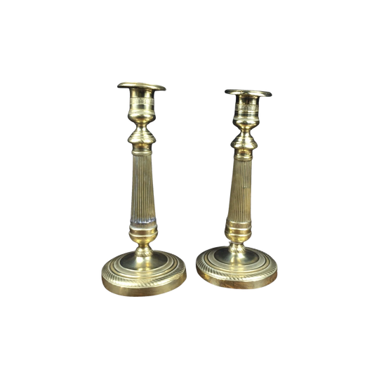 Pair of French brass candlesticks, fluted columns, earlier 19th century