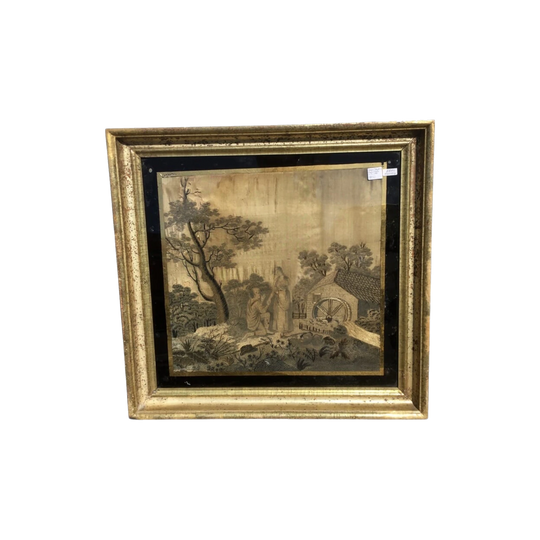 Georgian Silk picture, couple beside house, c.1785