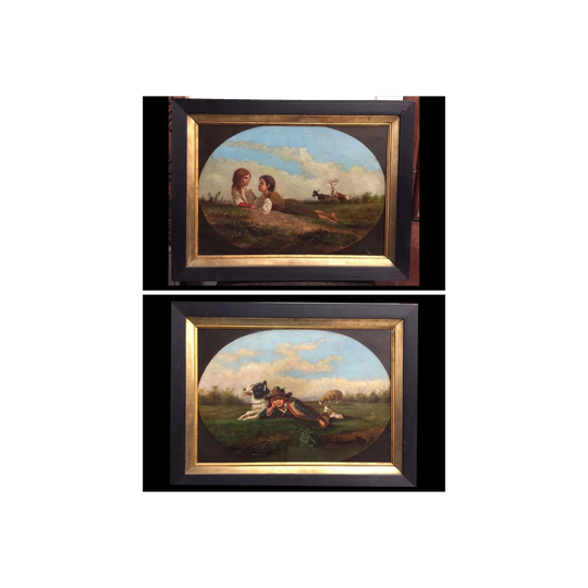 Pair of Italian oils with children & animals, early 19th century