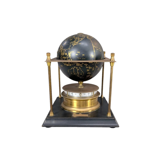 1979 Royal Geographical Society World Clock by Arthur Imhof SA – Early Imhof Edition, Brass Columns, Black Timber Base