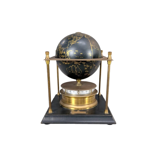 1979 Royal Geographical Society World Clock by Arthur Imhof SA – Early Imhof Edition, Brass Columns, Black Timber Base