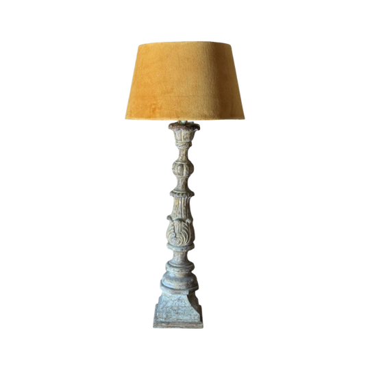 Vintage Tall Carved Timber Table Lamp with Mustard Velvet Drum Shade