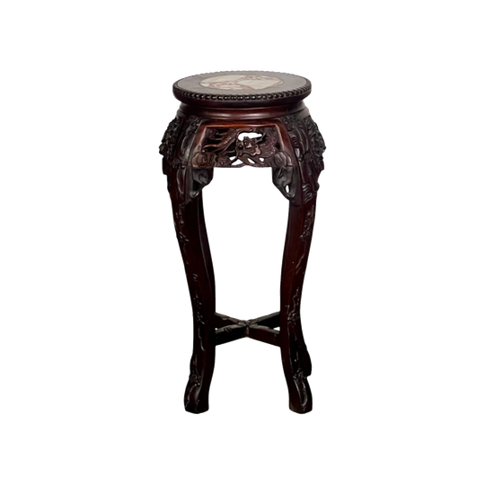 Antique Chinese Early Republic Rosewood Tabourette / Stand with Red/Brown Marble Inset, Carved Dragons and Cherry Blossoms