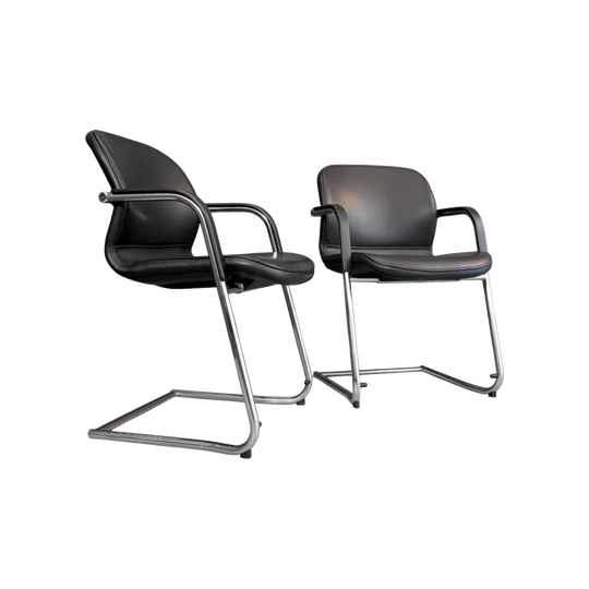 Wilkhahn German Cantilever Chair, Black Leather, Chrome-Plated Steel Frame