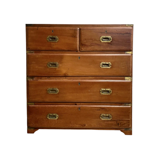 Late 19th-Century Teak Campaign Chest of Drawers, Two-Part, Five Drawers, Brass Pulls