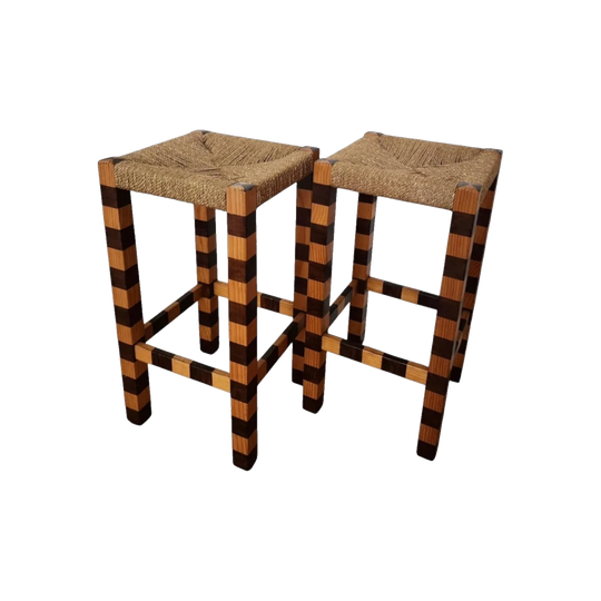 Pair of Upcycled Mid‑Century Rush‑Seat Stools with Hand‑Painted Dark‑Stain Stripes