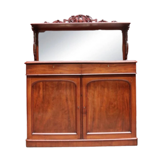 Antique English Mahogany Mirror-Back Sideboard/Servery with Upper Shelf, Lead-Lined Cellaret and Two Keys, c. 1870