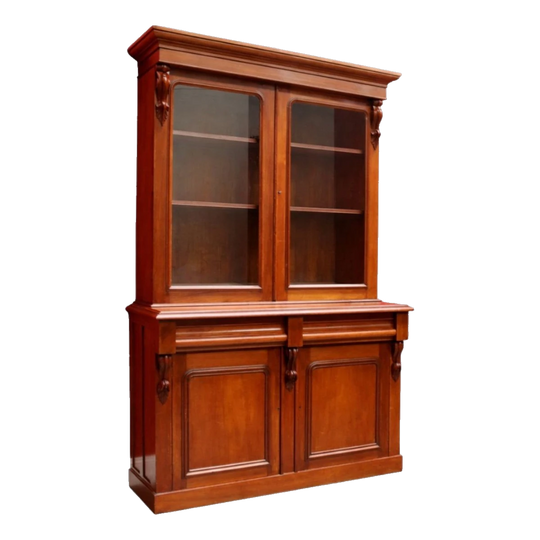 Antique Australian Cedar Two-Height Bookcase with Glazed Doors and Carved Corbels, c. 1870