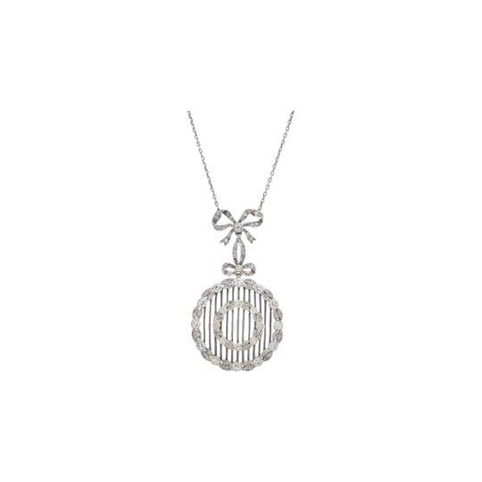 Murrle Bennet Edwardian Sterling Silver Paste Drop Necklace with Bow and Double Wreath Pendant, c.1910