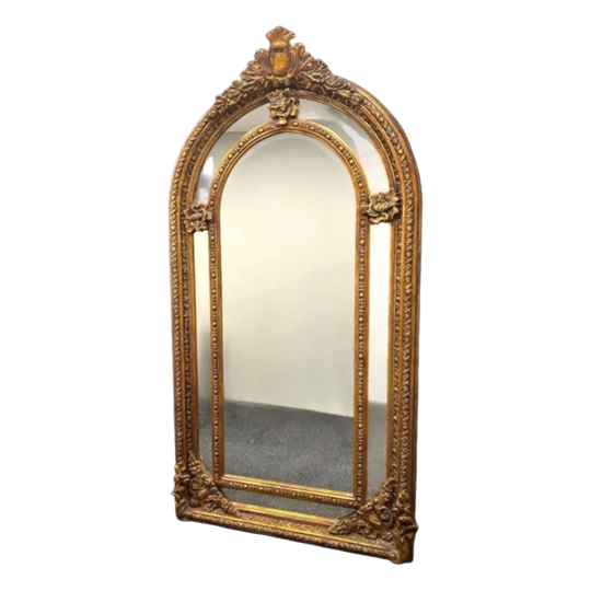 Vintage Gilt Floor Mirror with Carved Vine Leaf Frame and Crown Top, 210 cm