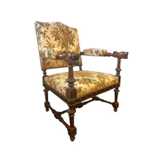 French Renaissance Style Carved Armchair in Solid Wood with Lion-Head Armrests, Original Tapestry Upholstery